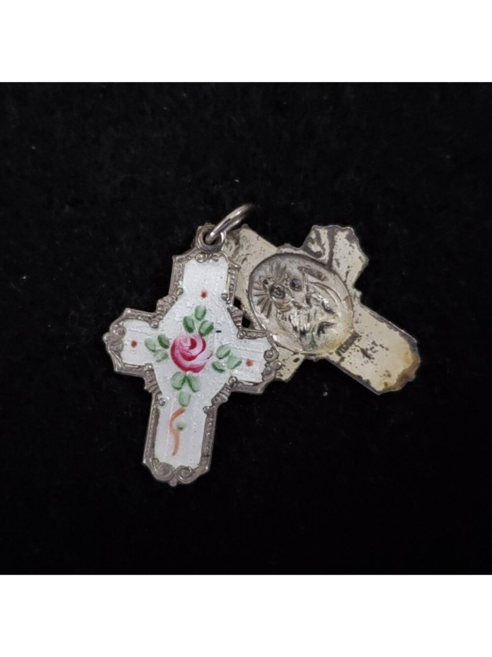 Vintage Cross Pendant Sterling Silver Enamel 1"